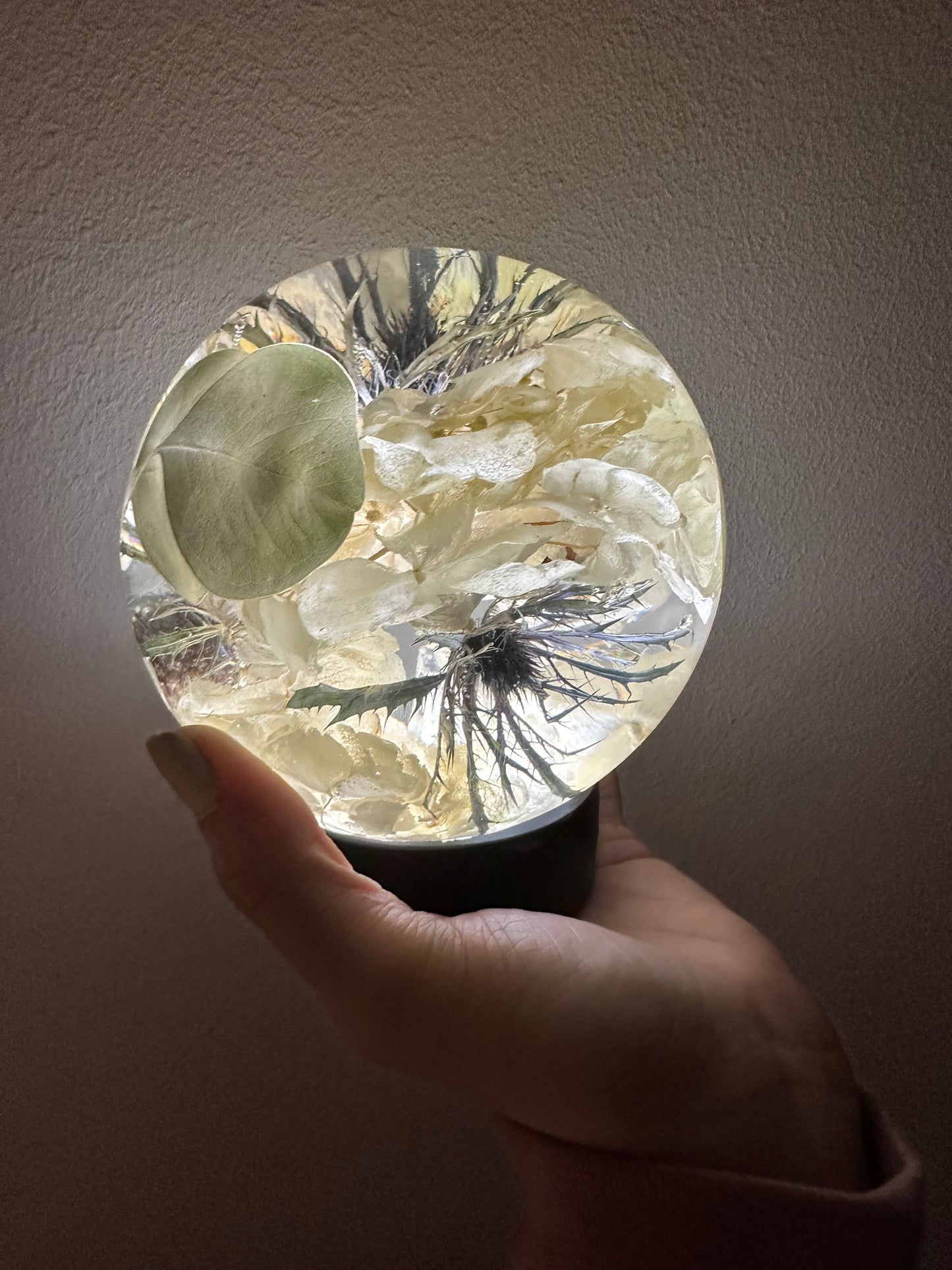 Botanical Globe Lamp - White Hydrangea, Thistle, Eucalyptus