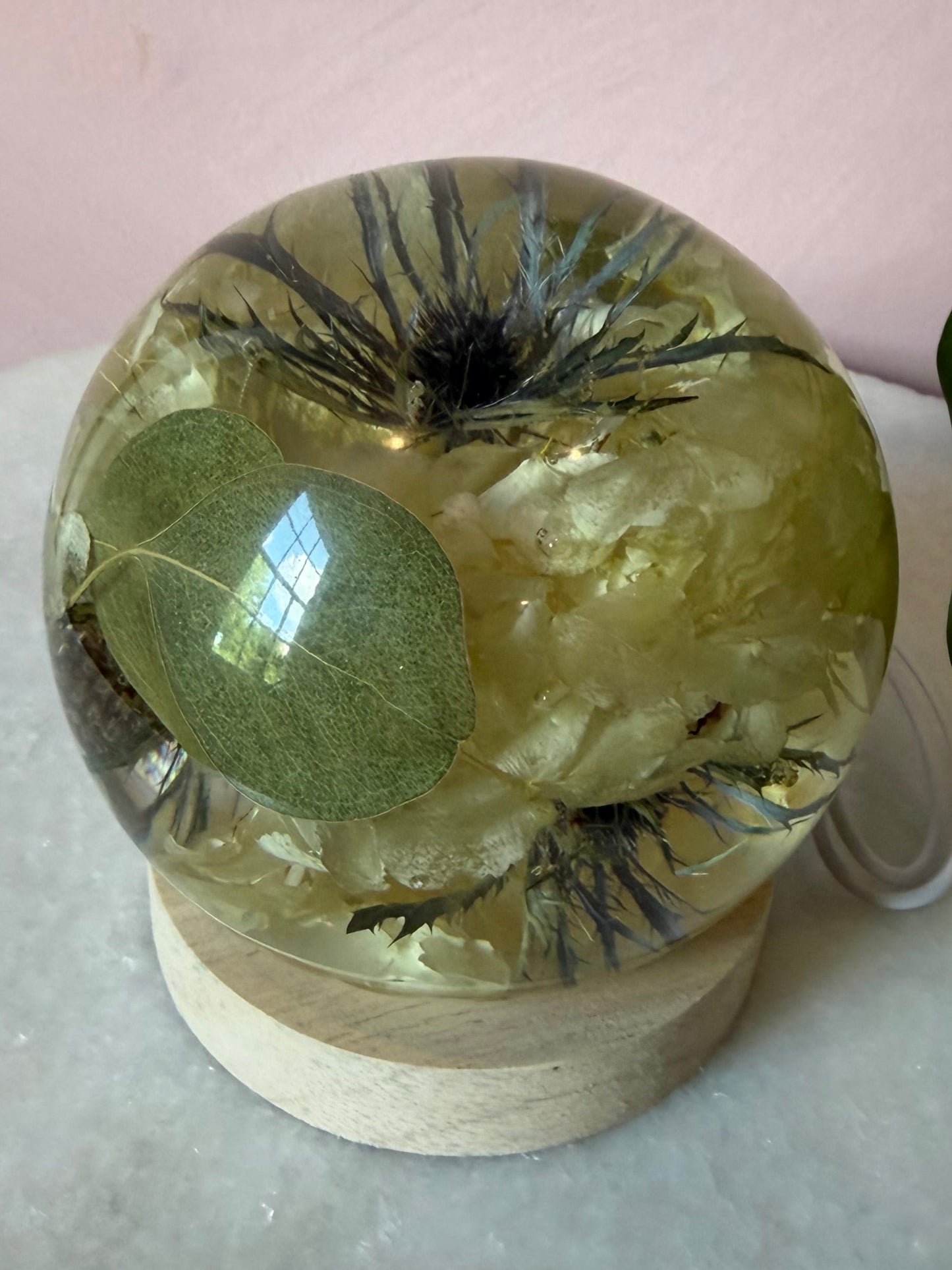Botanical Globe Lamp - White Hydrangea, Thistle, Eucalyptus