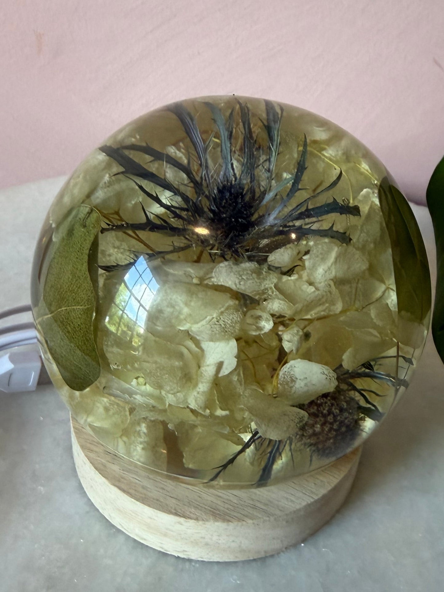 Botanical Globe Lamp - White Hydrangea, Thistle, Eucalyptus